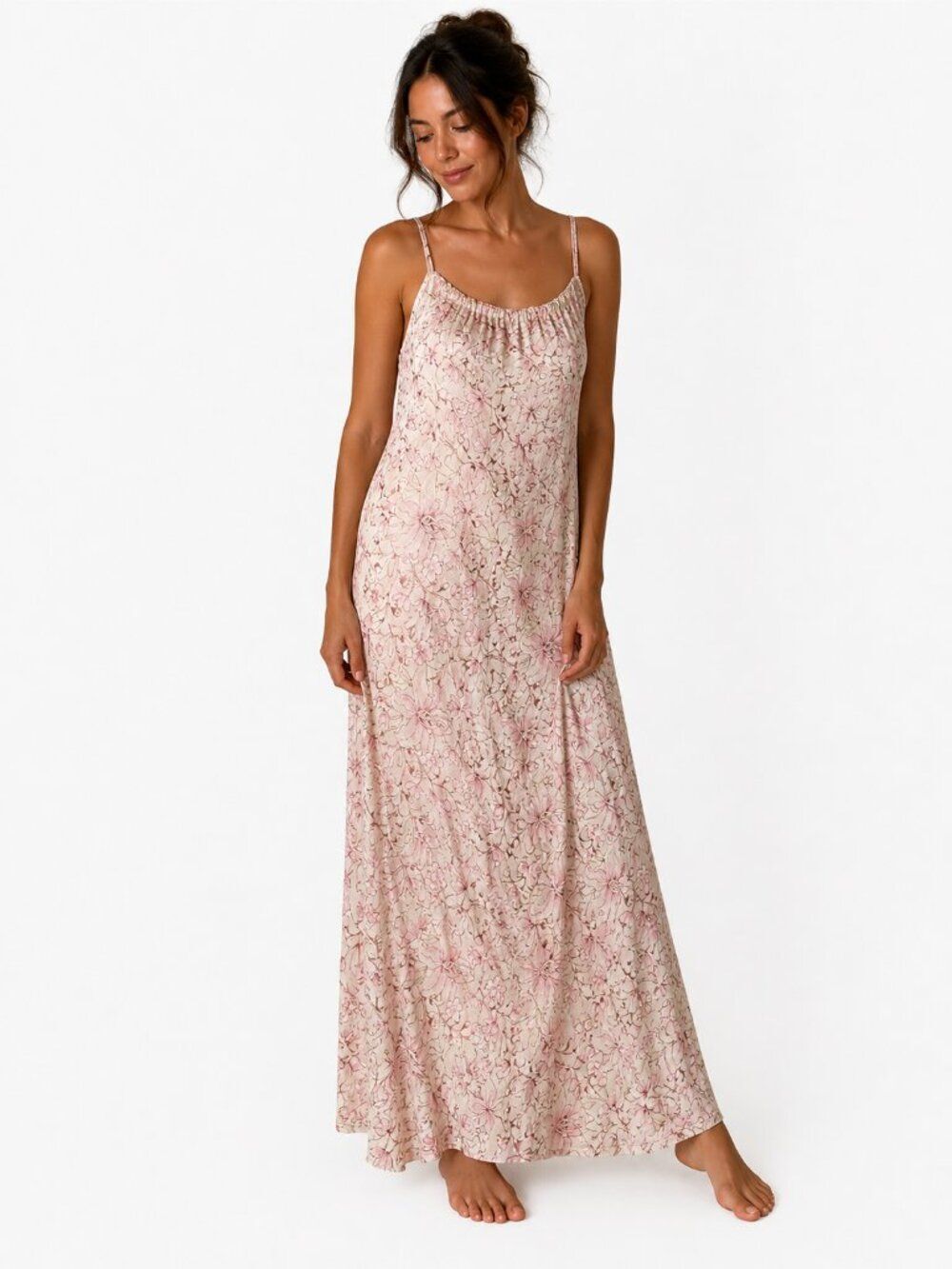 Schweitzer 100% Silk Floral Slip Dress Size Large Pink Cream Maxi Nightgown